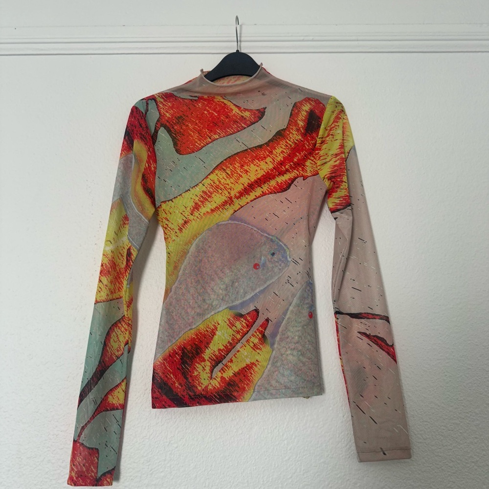 Ru by Rupal Fire Print Mesh Twist Top Long Sleeve Abstractm - Picture 2 of 4